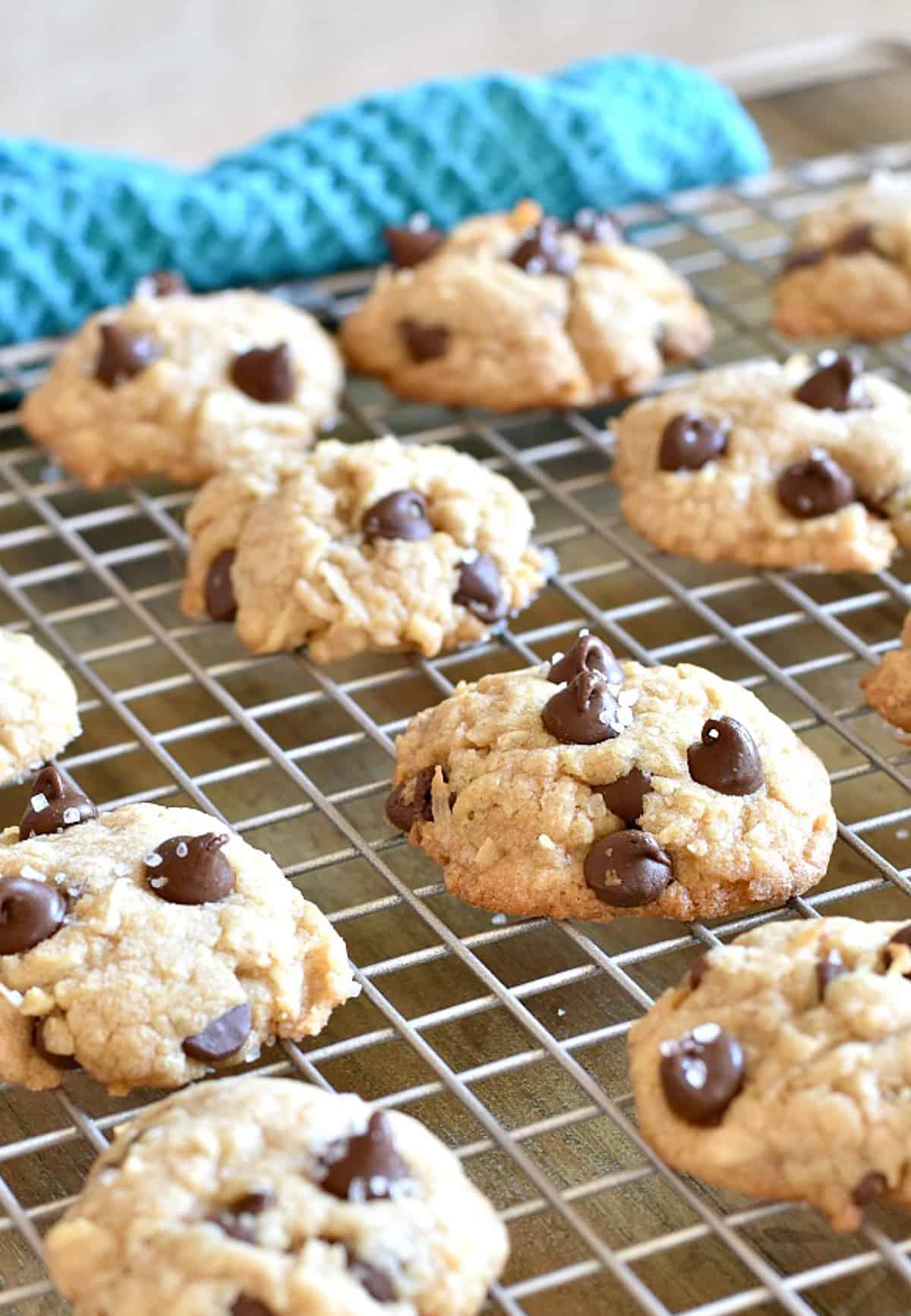 chocolate chip cookies with coconut on cooling rack