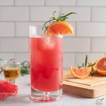 square image of blood orange cocktail with bourbon.