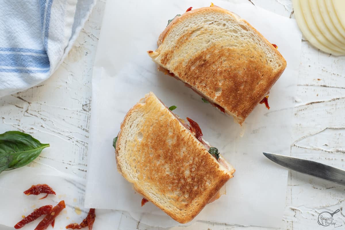 Groumet Grilled cheese, sliced in half on white background with herbs and sundried tomatoes