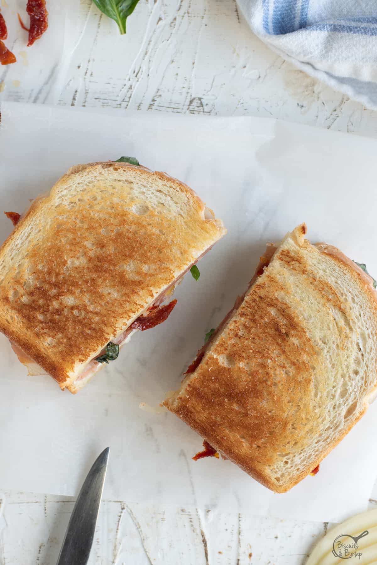 Groumet Grilled cheese, sliced in half on white background