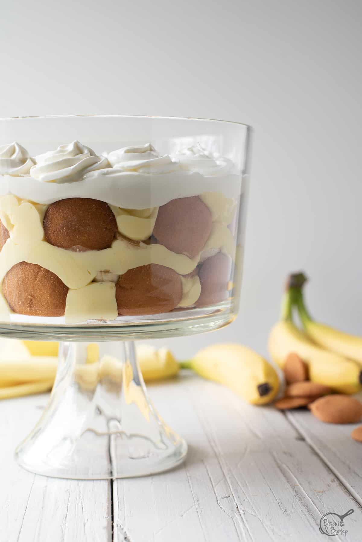 Banana pudding trifle in glass dish.