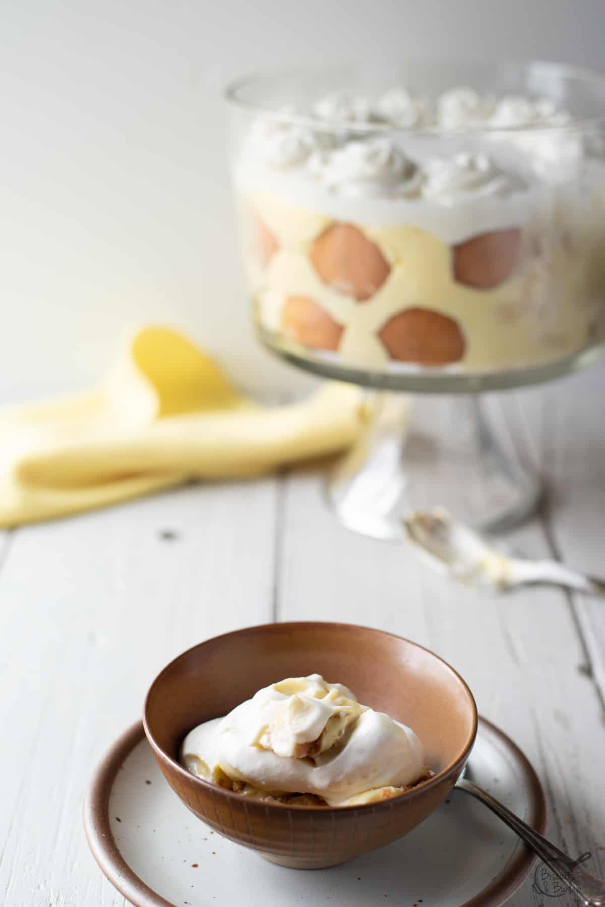 bowl of banana pudding with trifle in back.