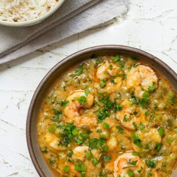 bowl of shrimp etouffee with a bowl of rice nearby.