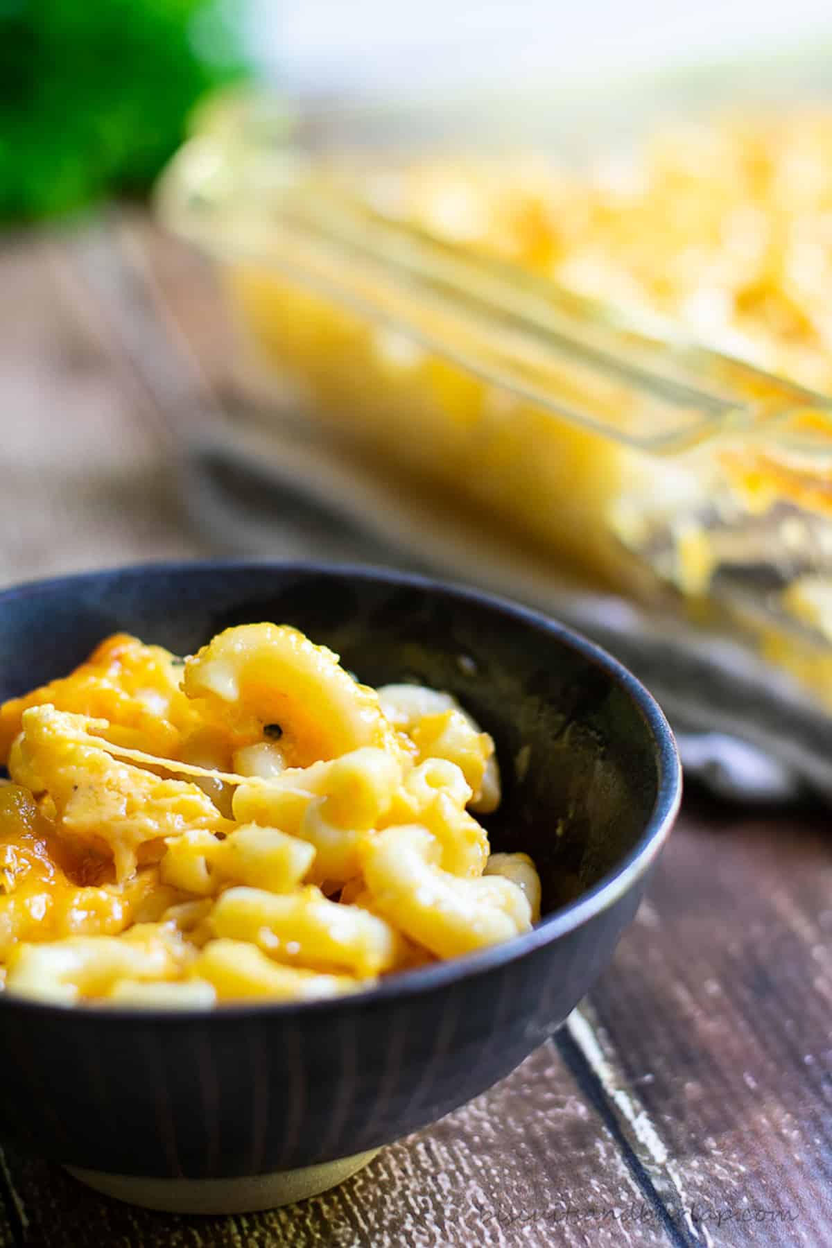 old fashioned macaroni and cheese in black bowl.