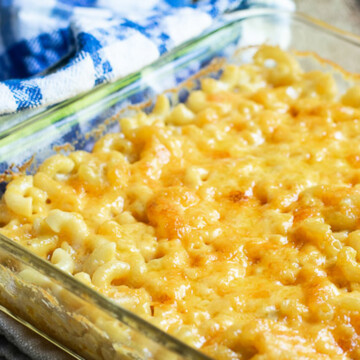 square image of baked macaroni and cheese.