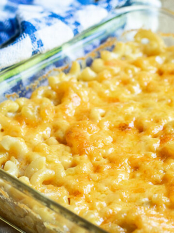 square image of baked macaroni and cheese.