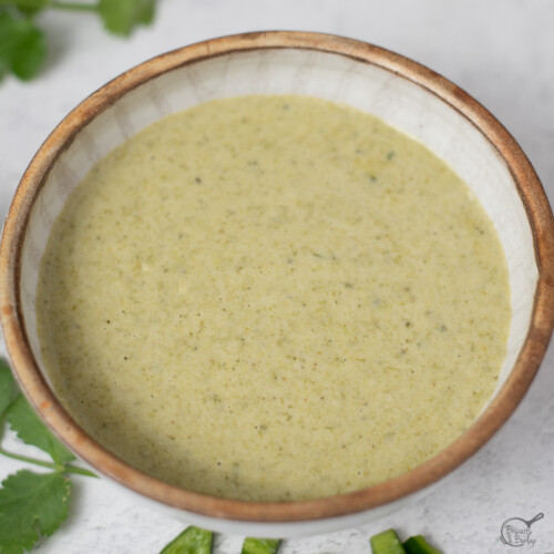 square image of bowl of poblano sauce.