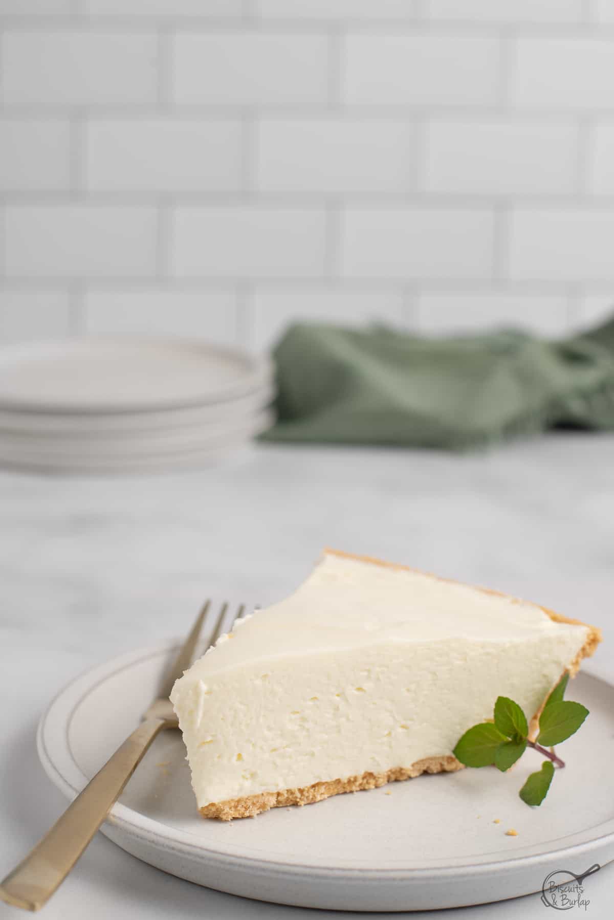 slice of 3 ingredient no bake cheesecake. 