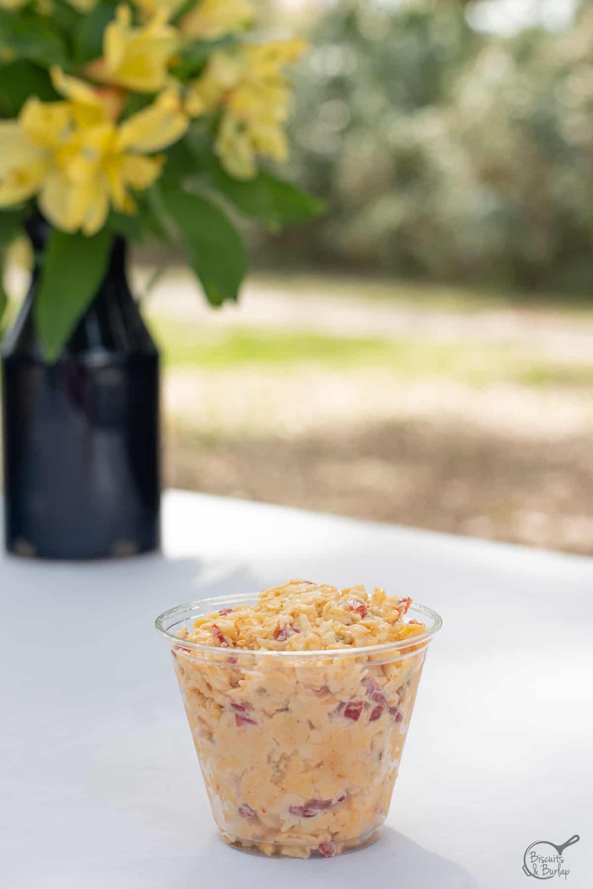 pimento cheese in plastic tumbler on picnic table.