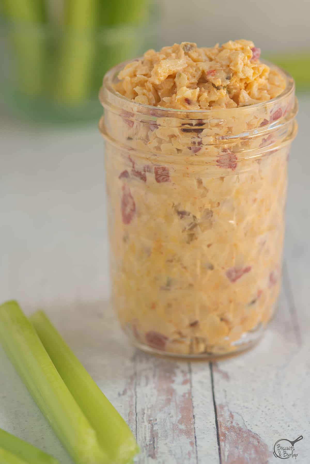 small jar with pepper jack pimento cheese. 