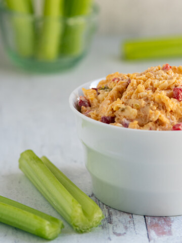 square image of jack pimento cheese with celery.