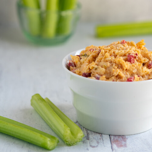 square image of jack pimento cheese with celery.