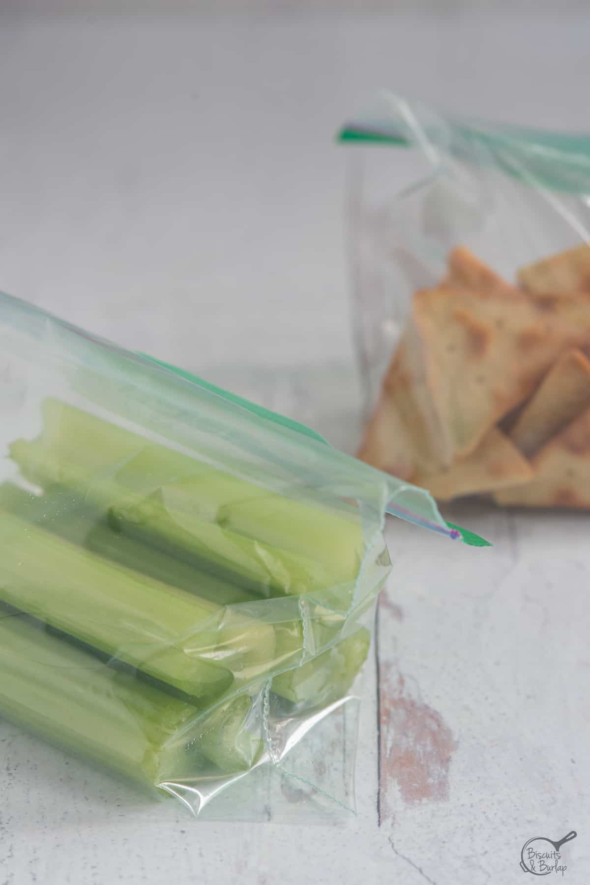 celery and crackers in baggies.