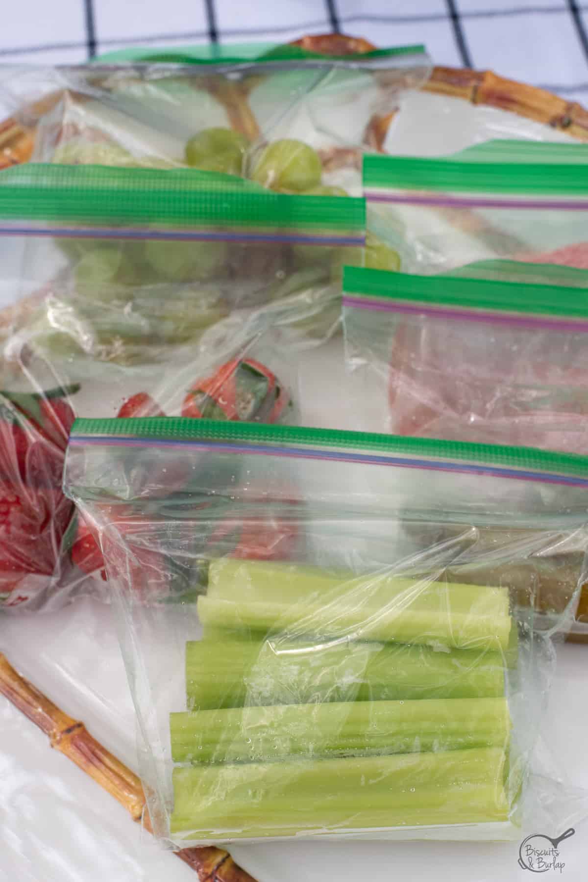celery and other items for picnic charcuterie board in baggies. 