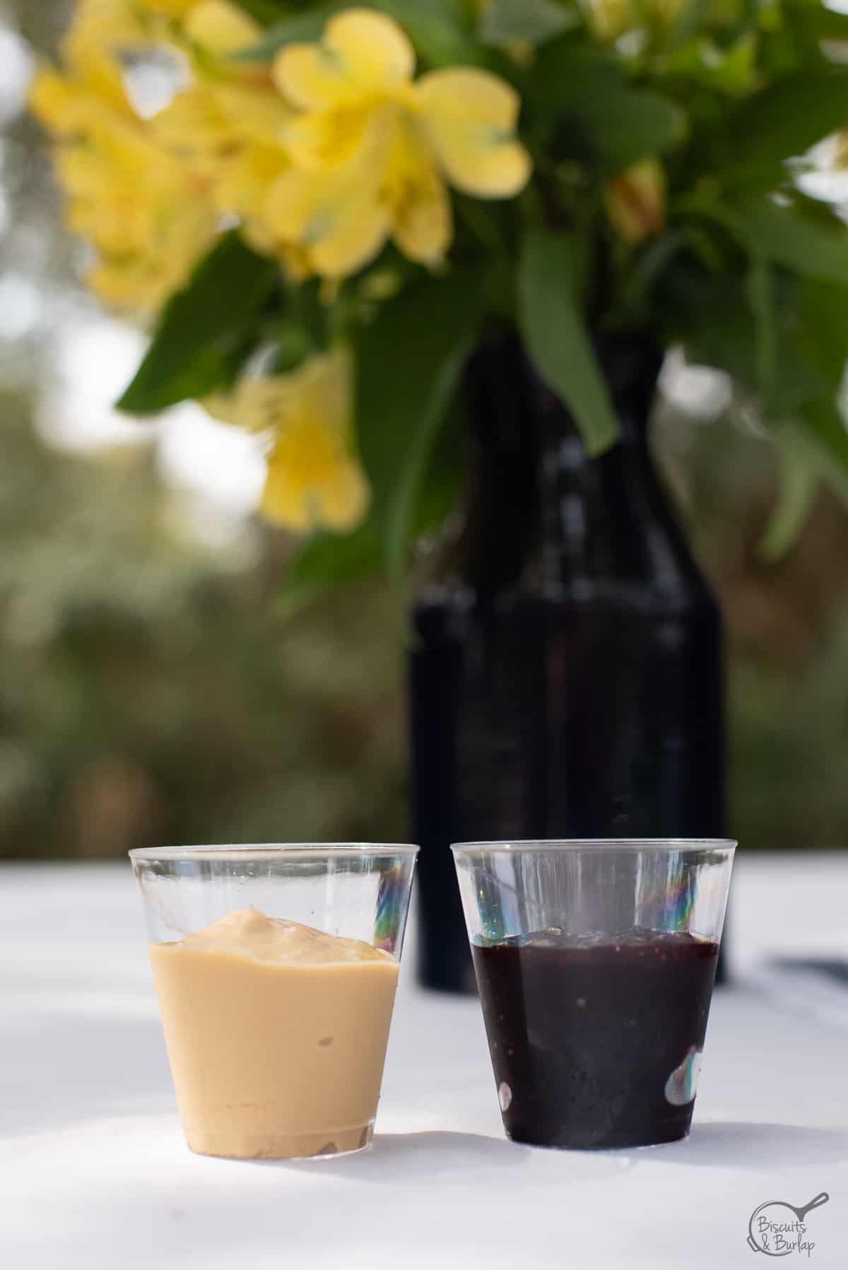 condiments in disposable shot glasses. 