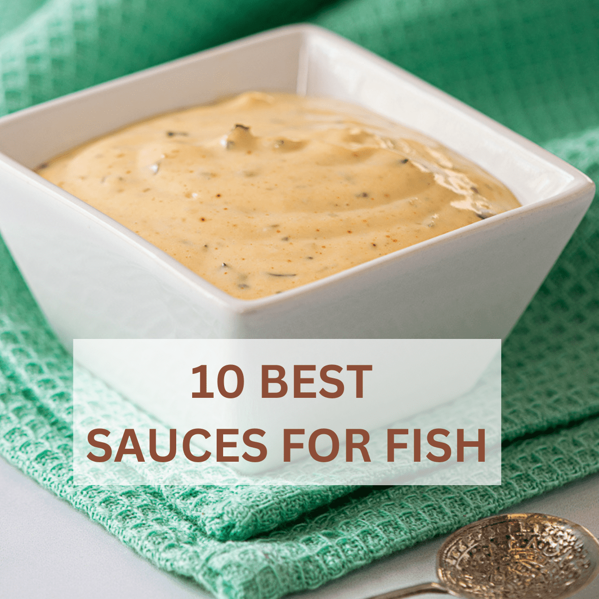 bowl of sauce for fish with text overlay.