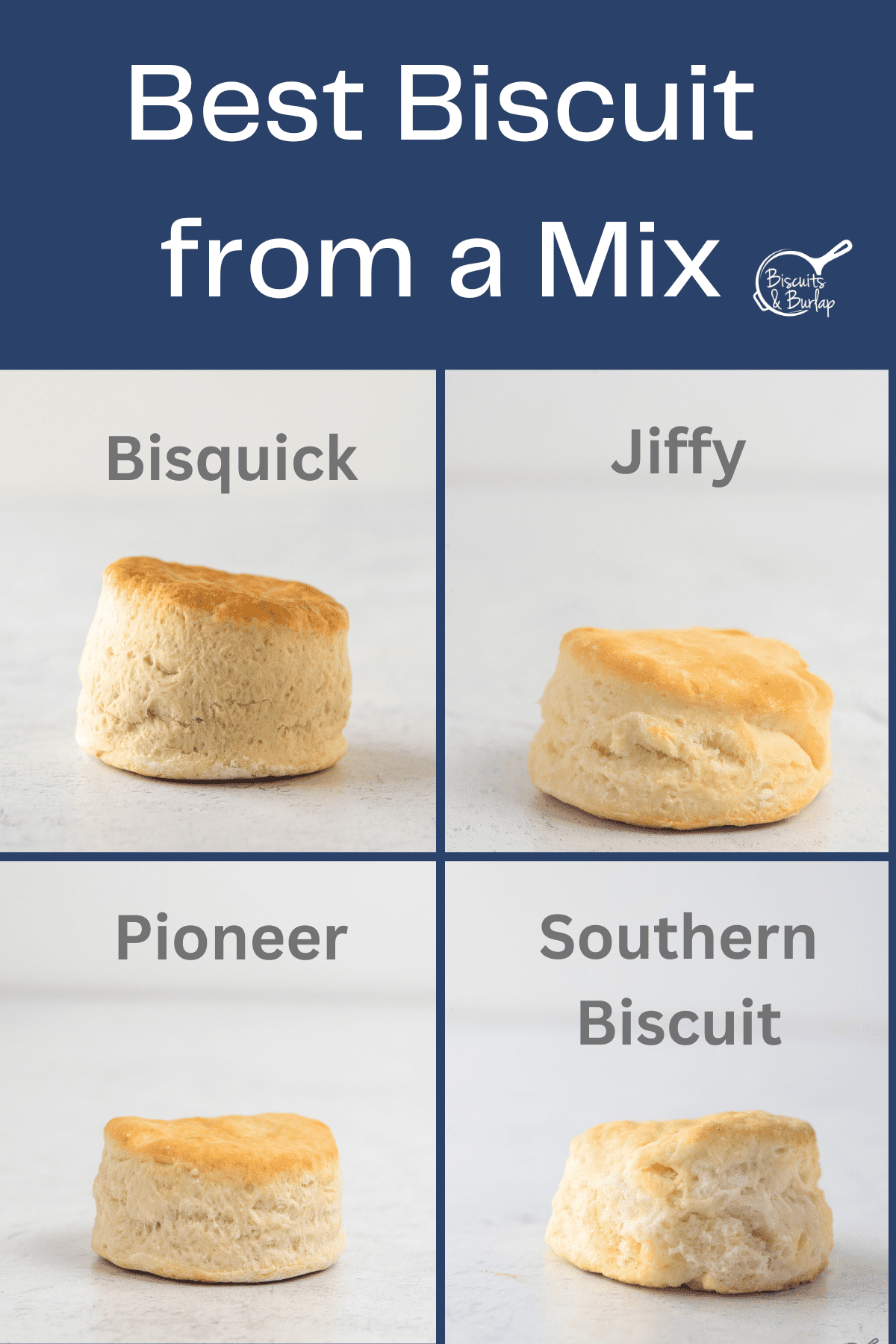 collage of 4 biscuits with the name of baking mix they're made with. 