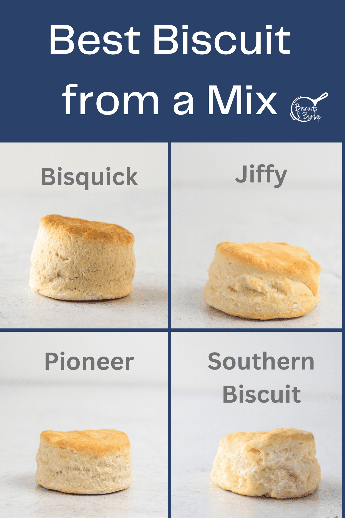 collage of 4 biscuits with the name of baking mix they're made with.