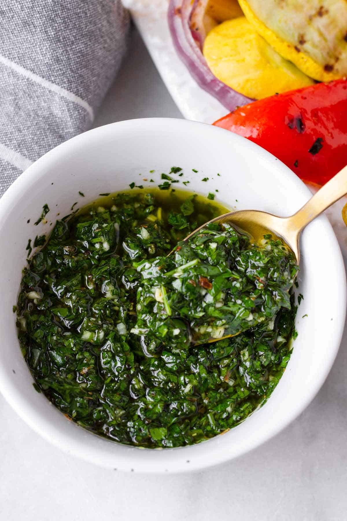 white bowl with chimichurri