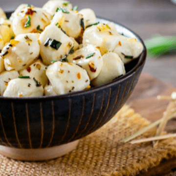 close up of marinated mozzarella pears.