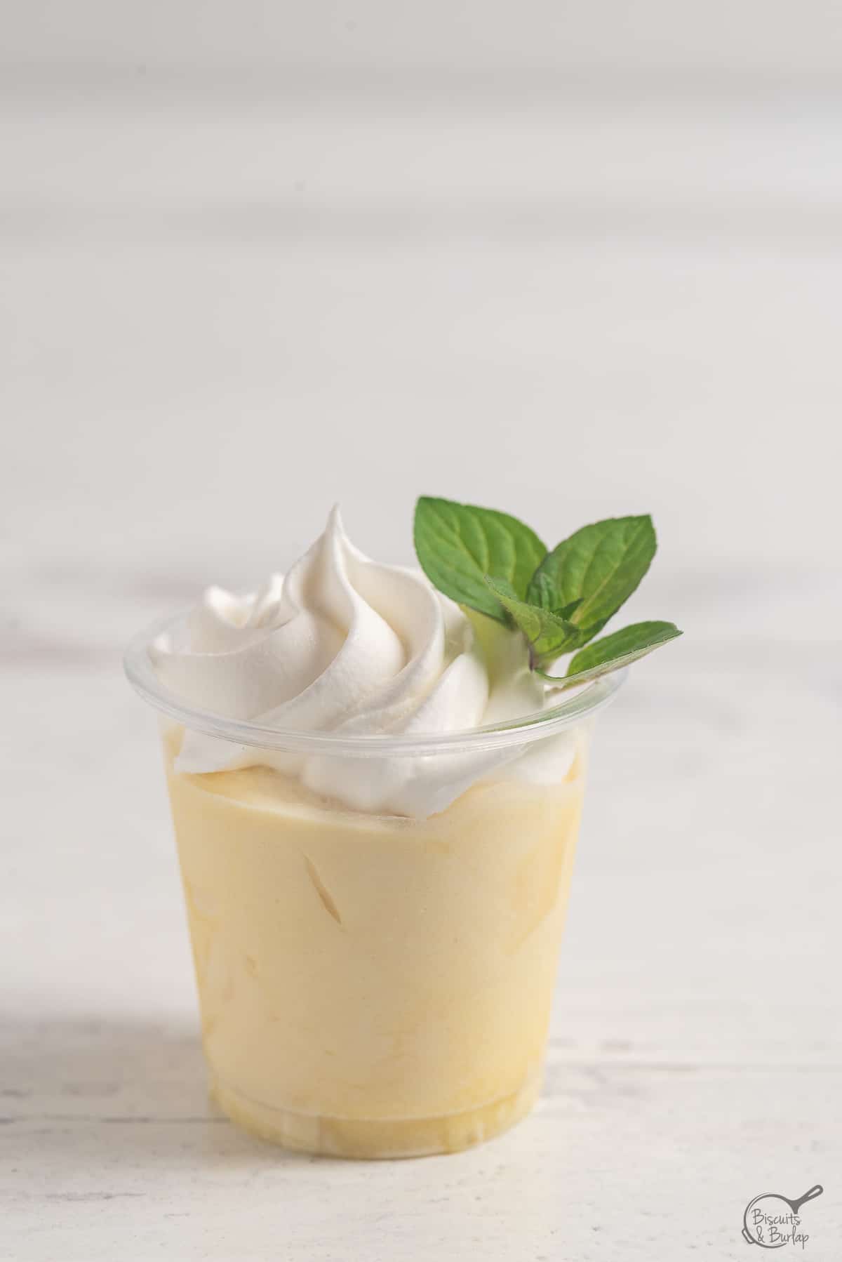 Mint julep pudding shots on white background