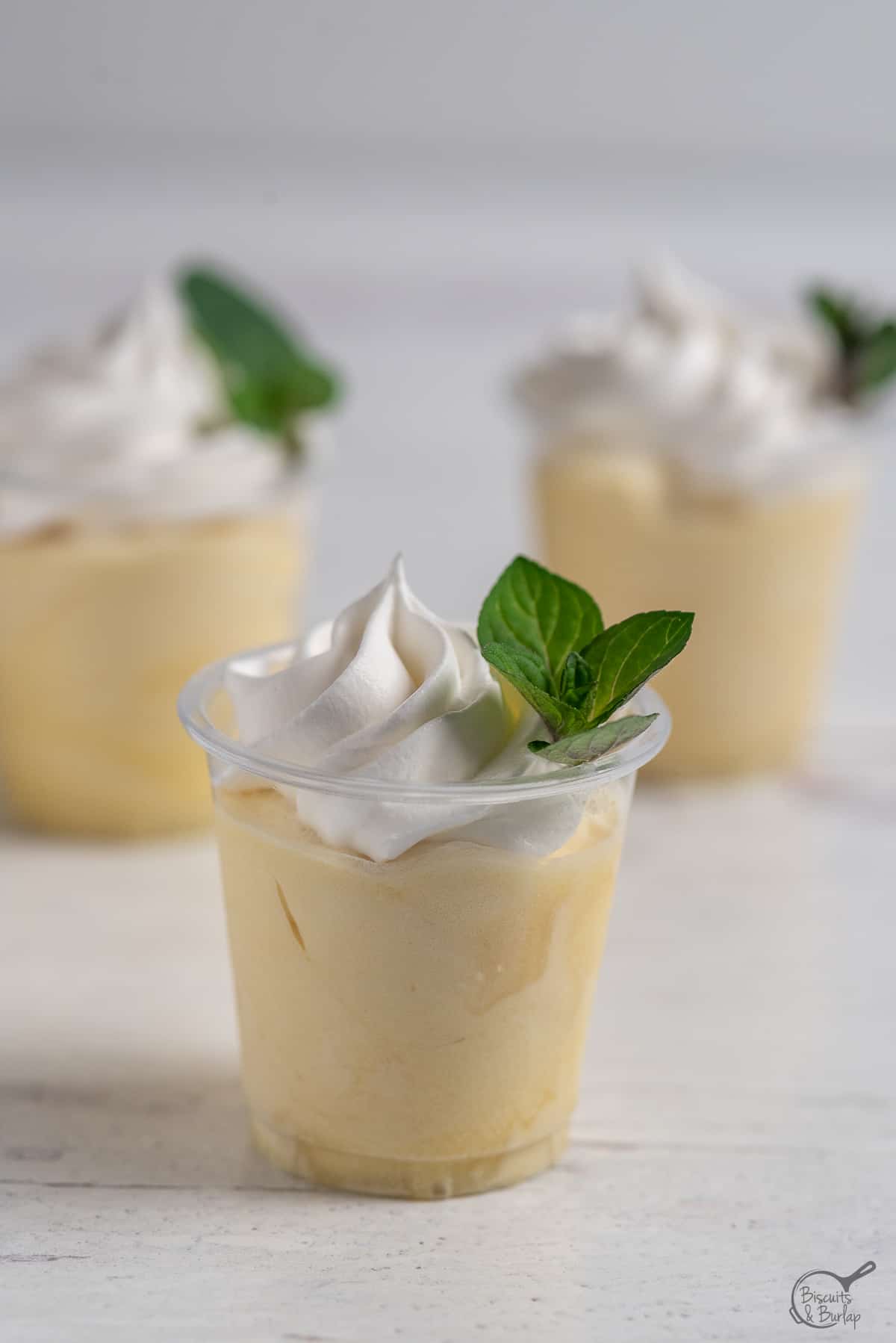 Mint julep pudding shots on white background