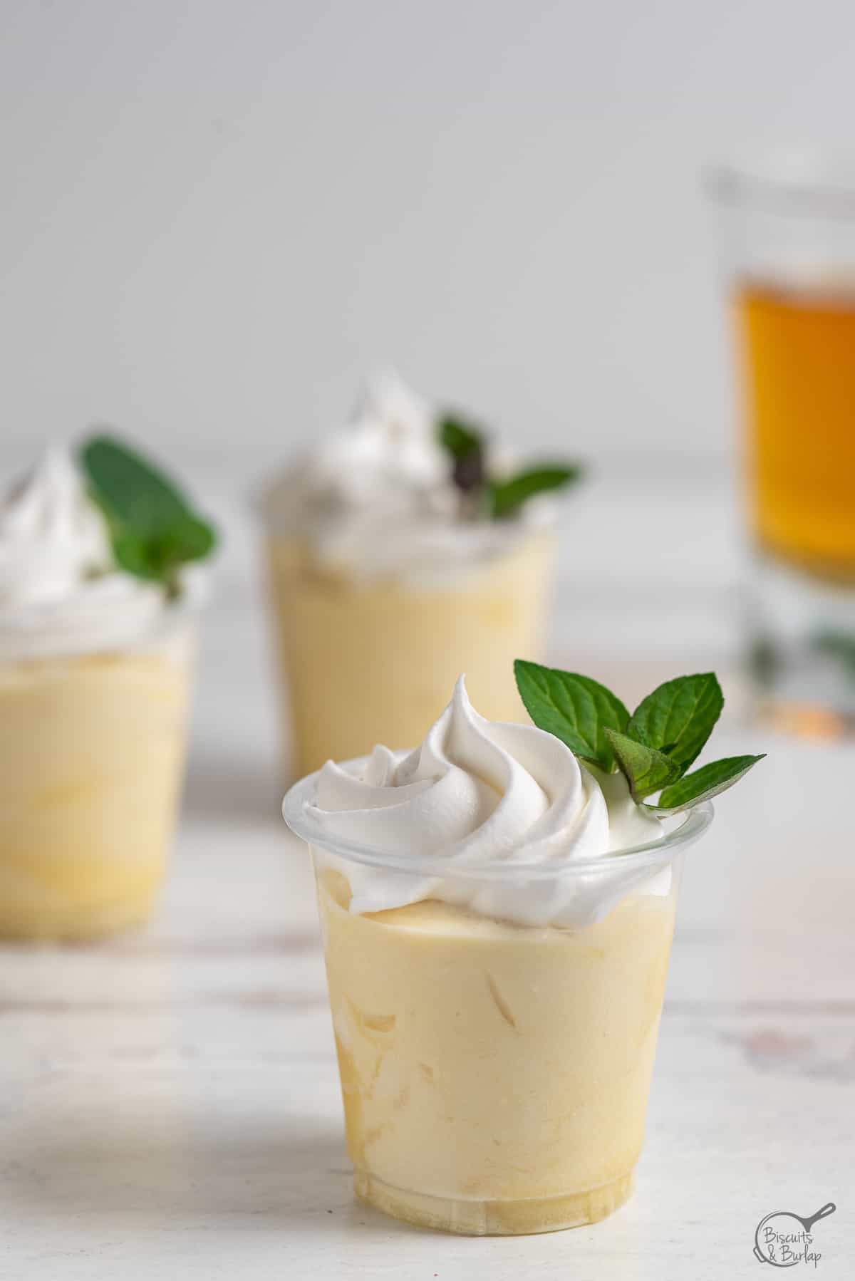 Mint julep pudding shots on white background