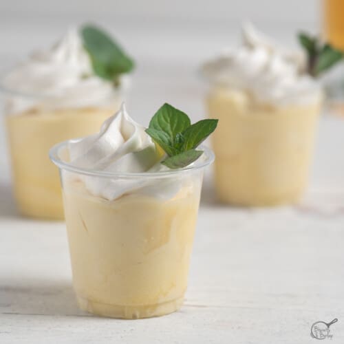 Mint julep pudding shots on white background