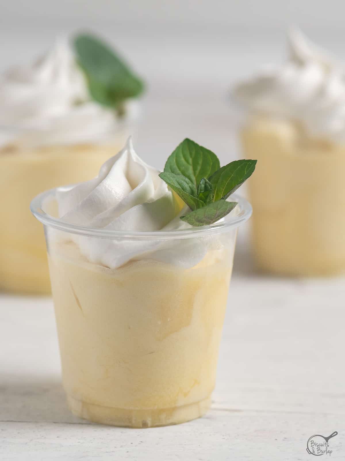 Mint julep pudding shots on white background