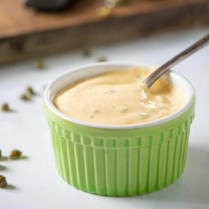 square image of remoulade sauce in bowl.