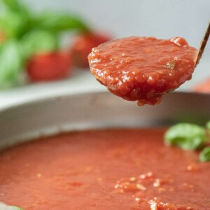 square image of san marzano sauce with ladel.