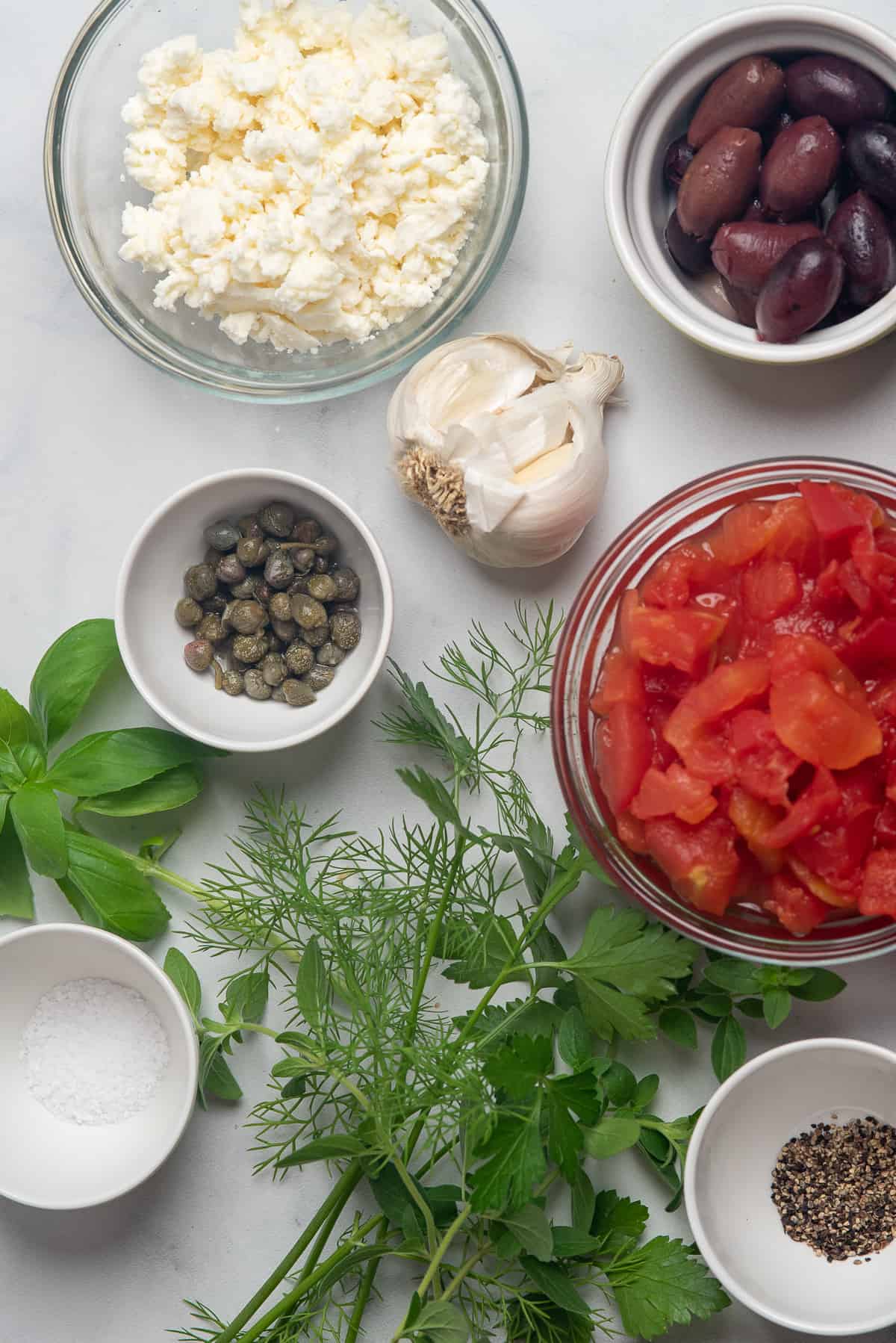 topping ingredients for greek salmon. 