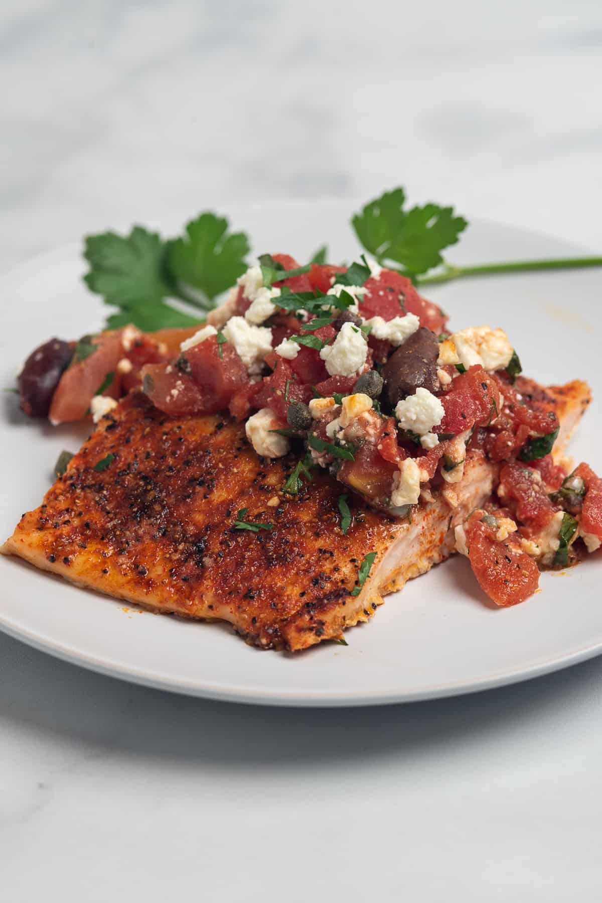 salmon on plate with greek topping. 