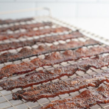 candied bacon on rack.