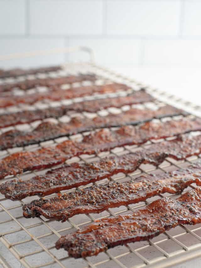 candied bacon on rack.