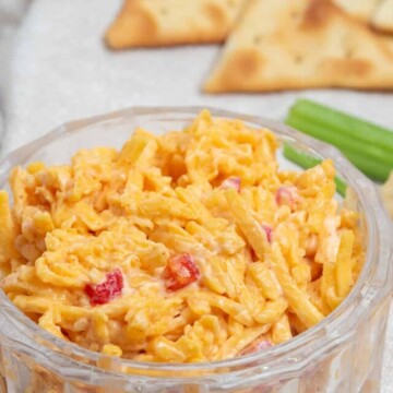 close up of bowl of pimento cheese.