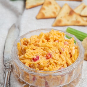close up of bowl of pimento cheese.