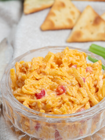 close up of bowl of pimento cheese.