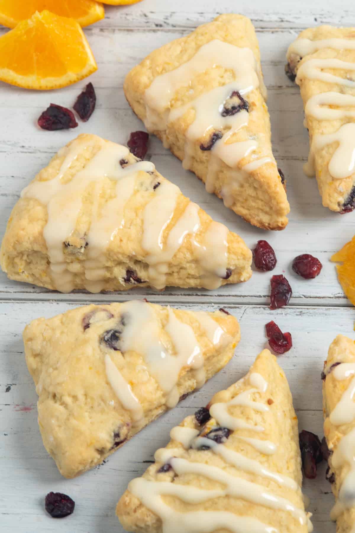 orange cranberry scones arranged in a circle.