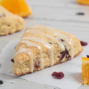 one close up of cranberry orange scone.