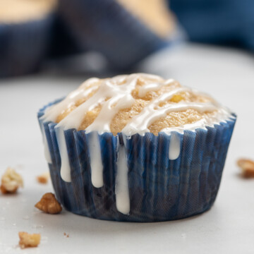 close up of glazed hummingbird muffin.