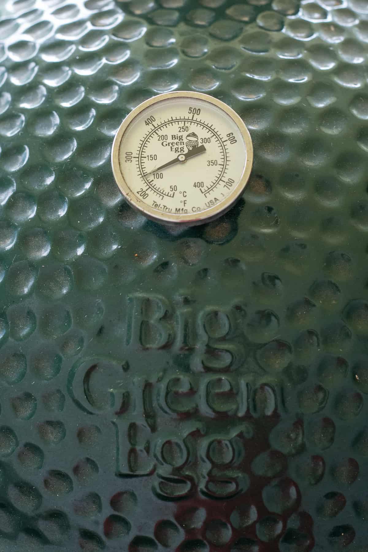 close up of temperature gauge on smoker. 