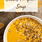 pin image of carrot and pumpkin soup.