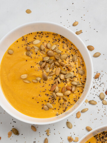overhead shot of carrot pumpkin soup.