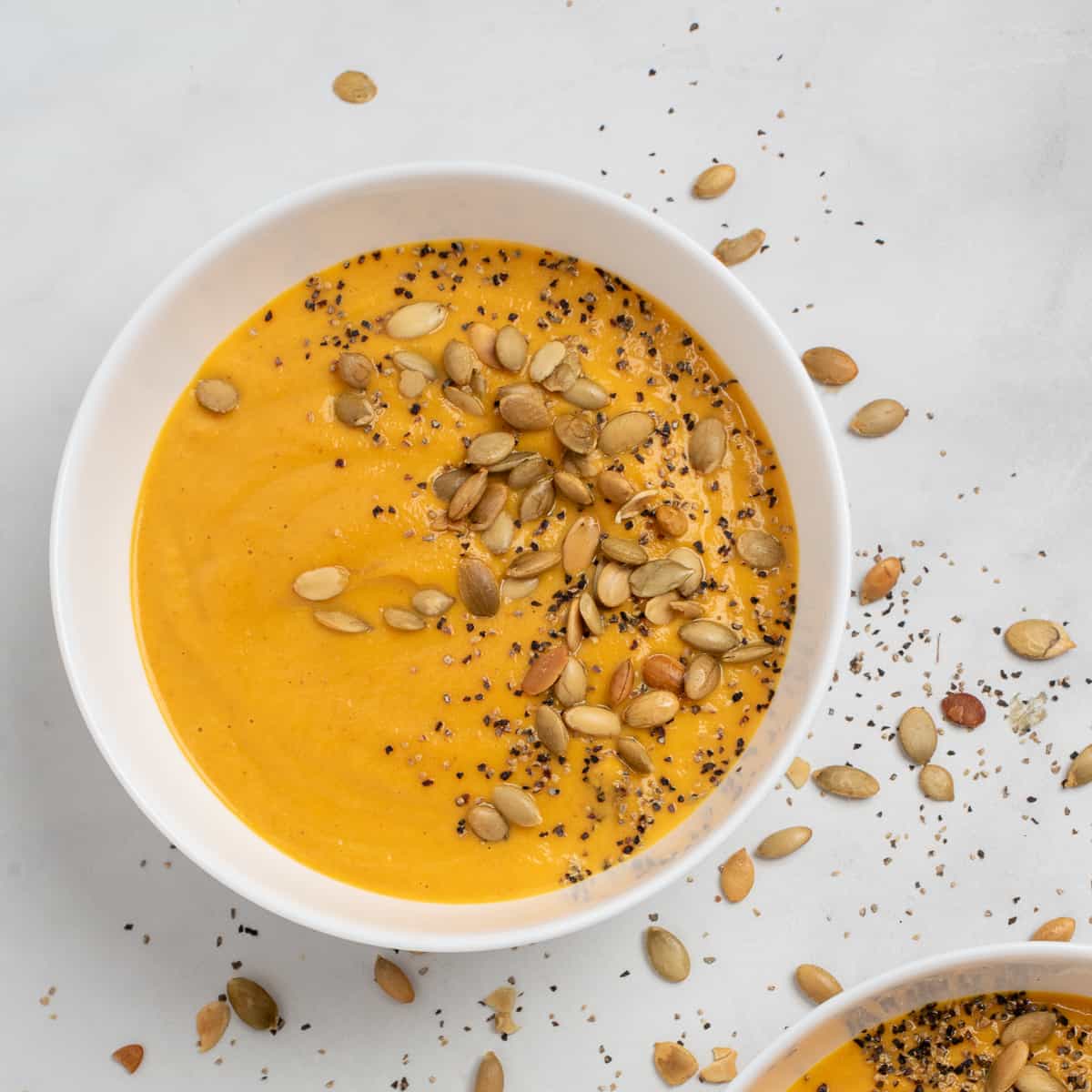 overhead shot of carrot pumpkin soup.