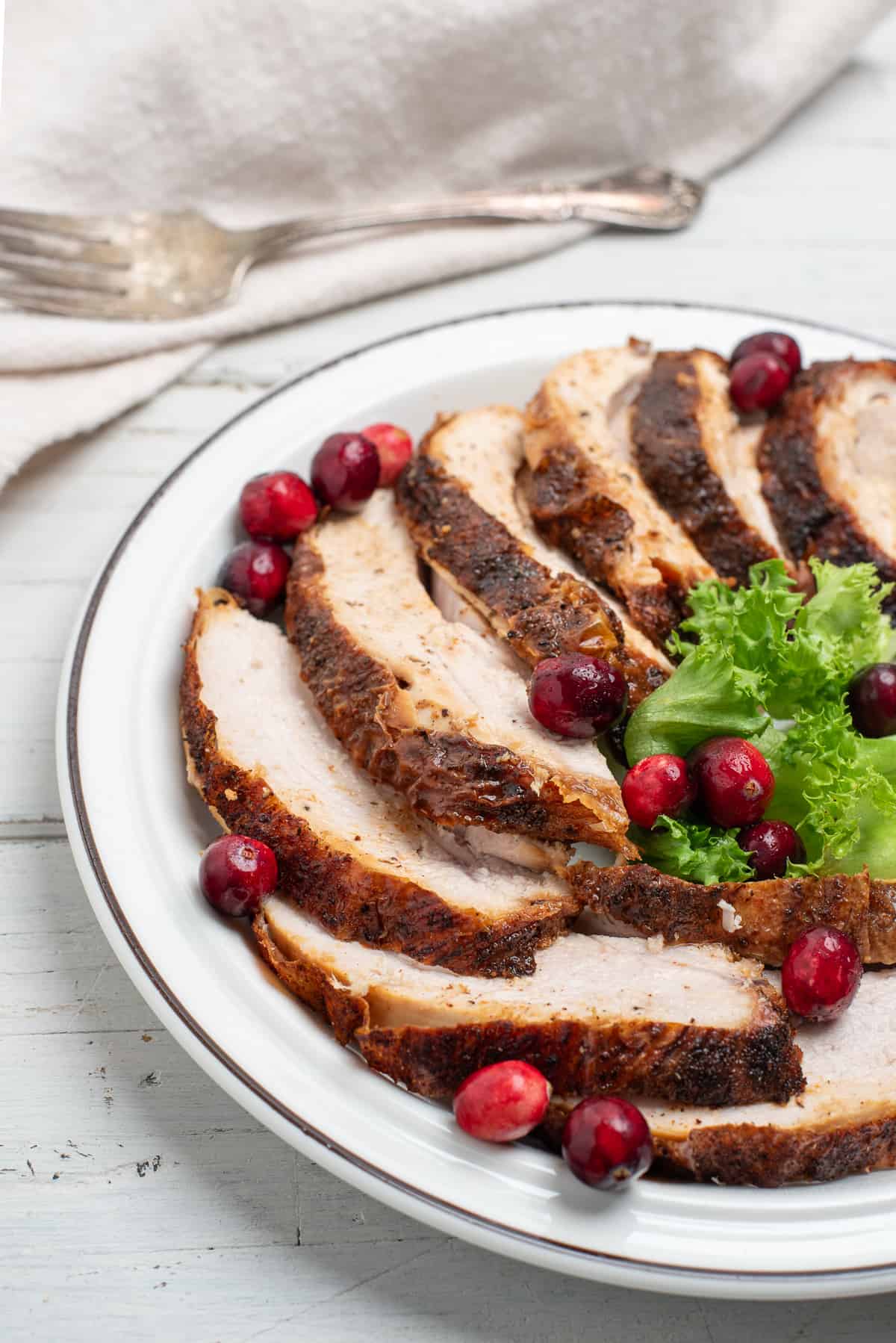 sliced turkey on a white plate with fresh cranberries