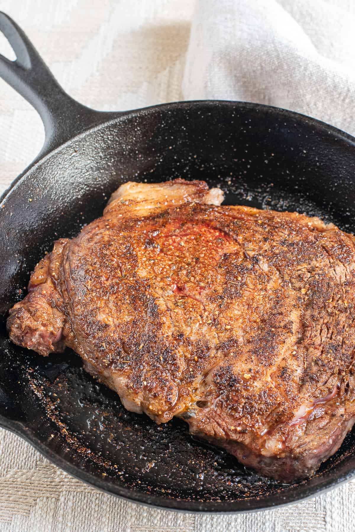 blackened steak in skillet