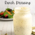 dill pickle ranch dressing in a mason jar with recipe title in text overlay