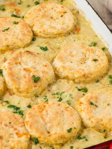 southern casserole with biscuits on top.