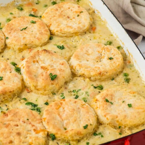 southern casserole with biscuits on top.